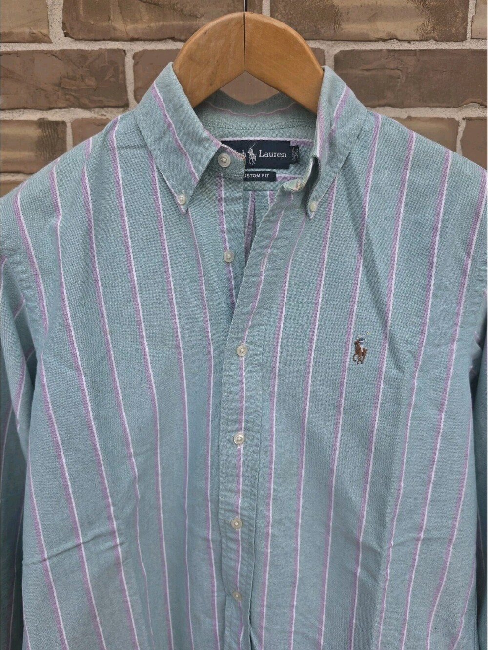 Ralph Lauren Custom Fit Shirt M 16 34/35 Green Pink Stripe Pony 100% Cotton